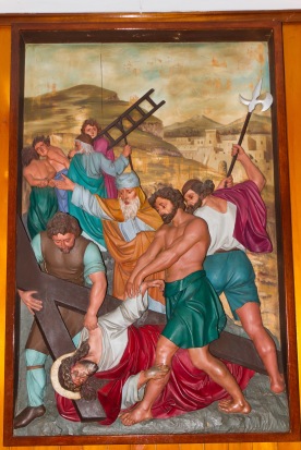 Modern Painted images showing Jesus' progress to Calvary (where he was executed). They are found on the walls of the St. Catherine of Sienna Church in Birmingham.